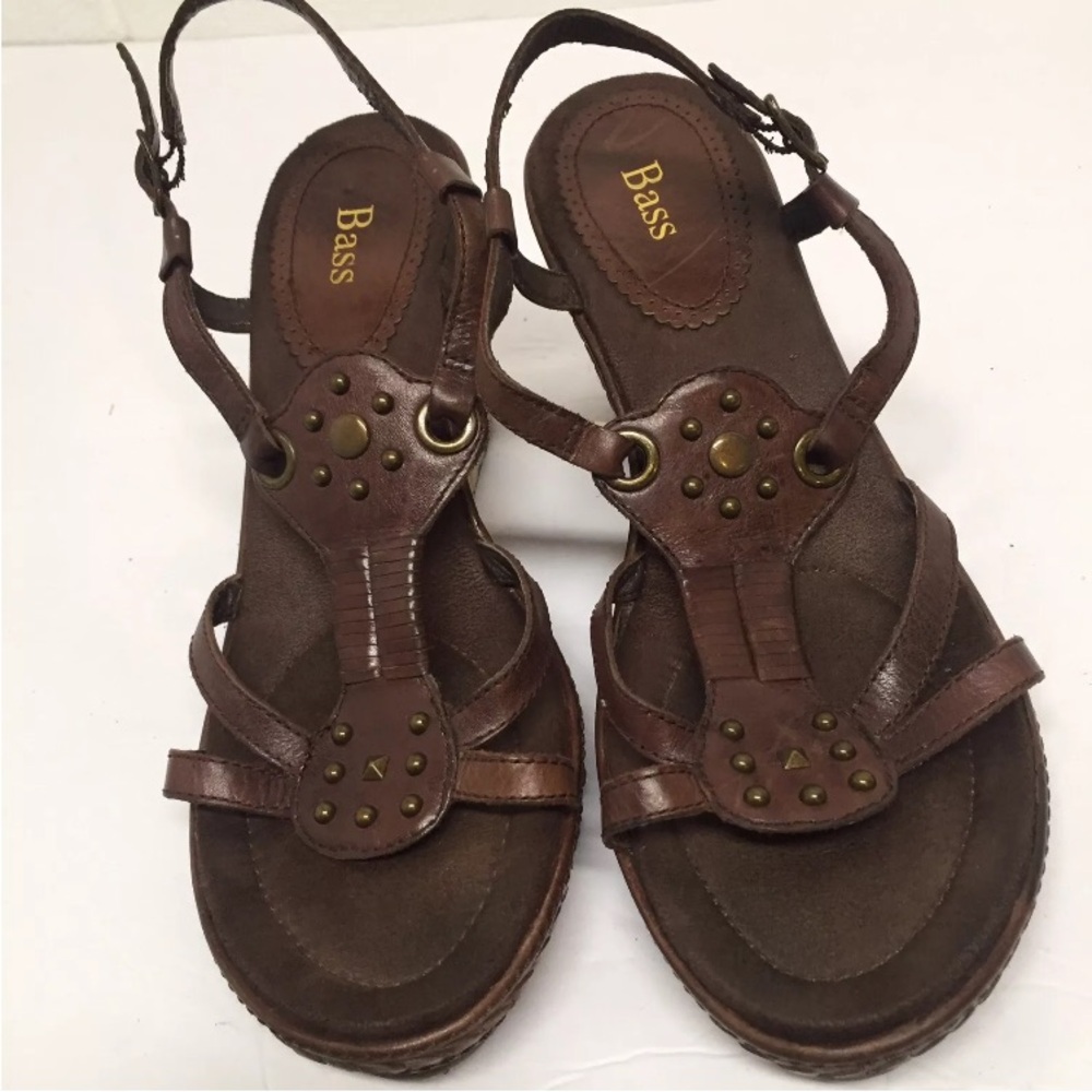 Bass women’s Sz 10 leather uppers espadrille wedge open toe ankle strap sandals